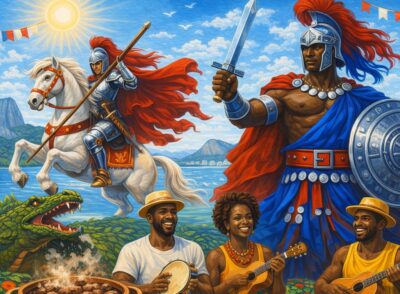 Rio de São Jorge/Ogum com religiosidade, gastronomia e samba